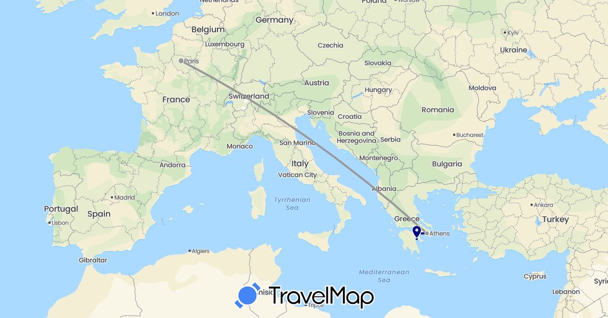 TravelMap itinerary: driving, plane in France, Greece (Europe)