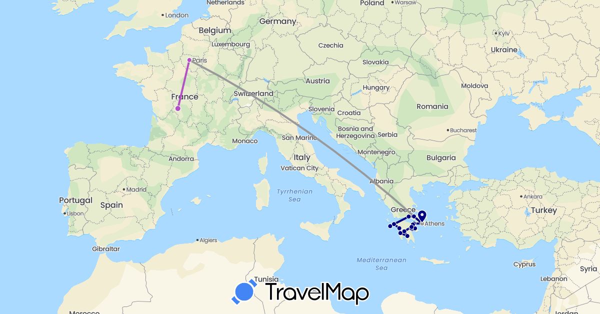 TravelMap itinerary: driving, plane, train in France, Greece (Europe)